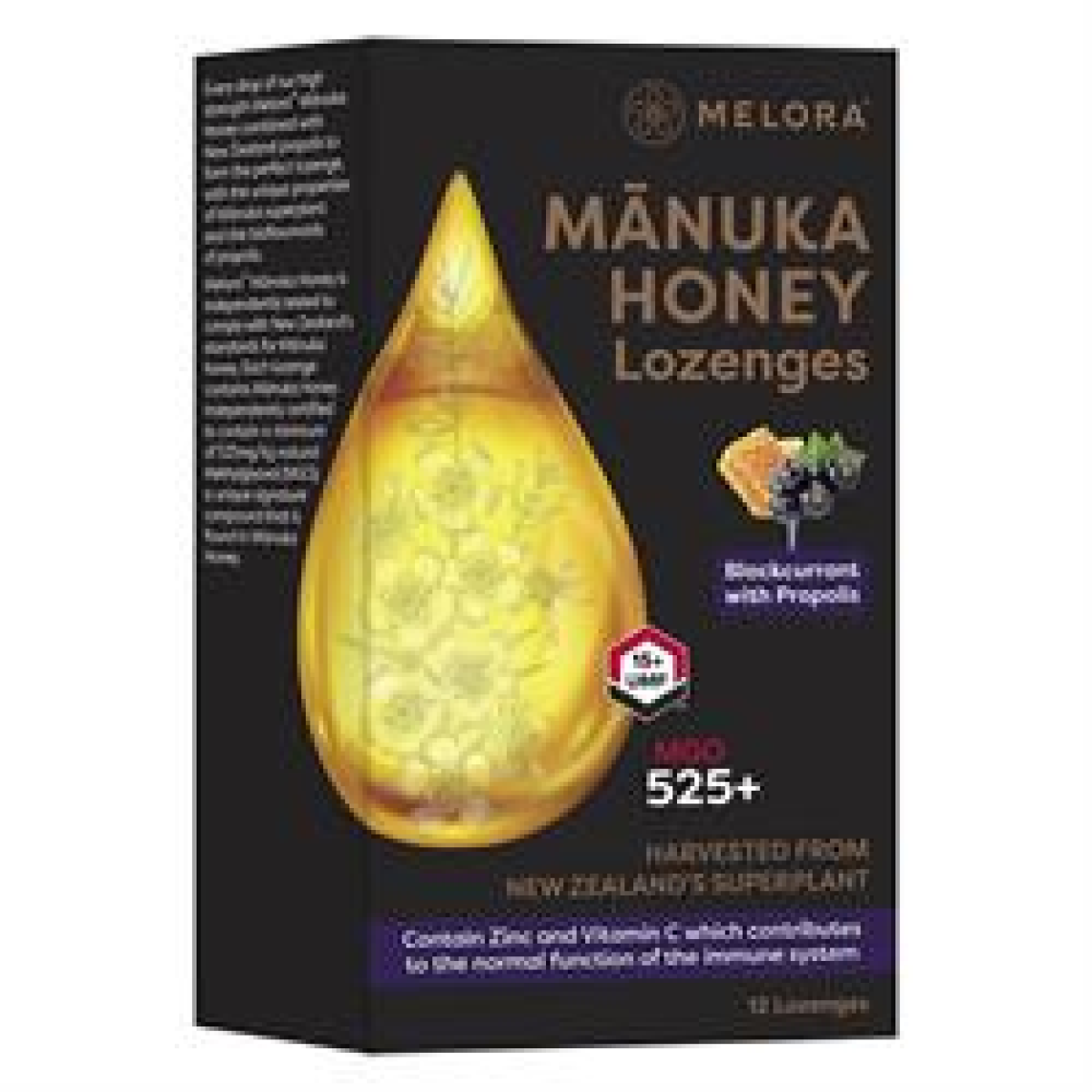 Melora Manuka Honey 525 Mgo Blackcurrant And Propolis 12 Lozenges
