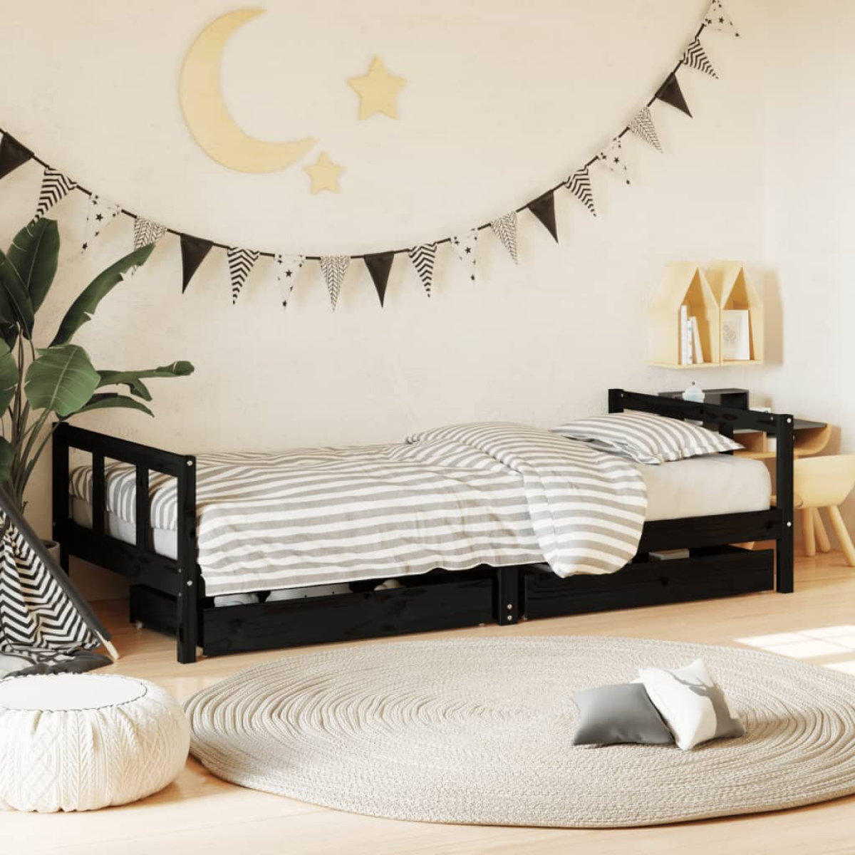 Black Vidaxl Kids Bed Frame With Drawers 90X200 Cm Solid Wood Pine