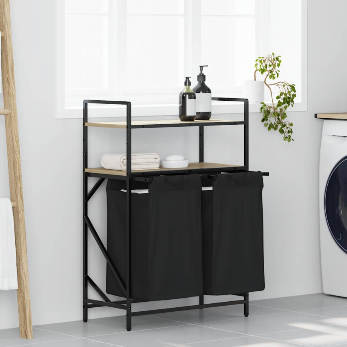 Black Vidaxl Laundry Basket 2 Compartments With Shelves Sonoma Oak