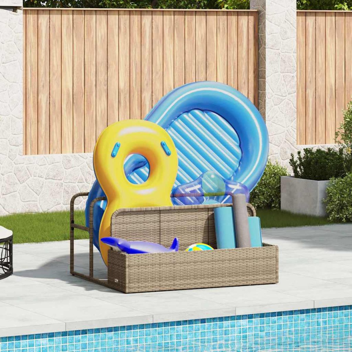 Beige Vidaxl Poolside Float Storage 110X100x57 Cm Poly Rattan
