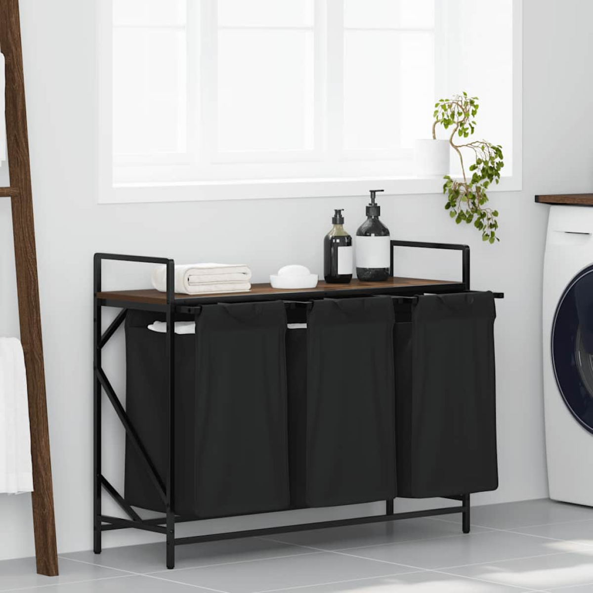 Brown Vidaxl Laundry Basket 3 Compartments With Shelf Oak
