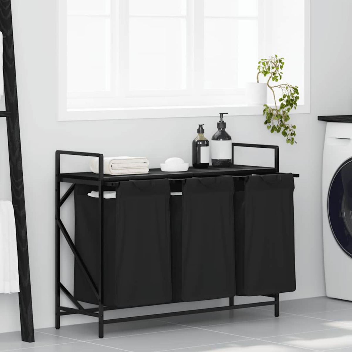 Black Vidaxl Laundry Basket 3 Compartments With Shelf Oak