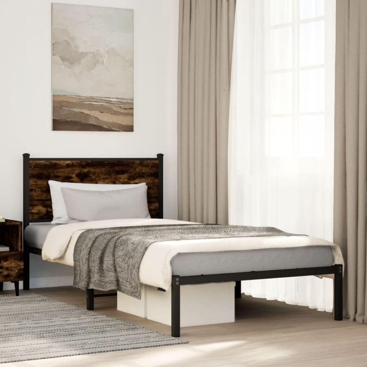 vidaXL Metal Bed Frame without Mattress Smoked Oak 107x203 cm