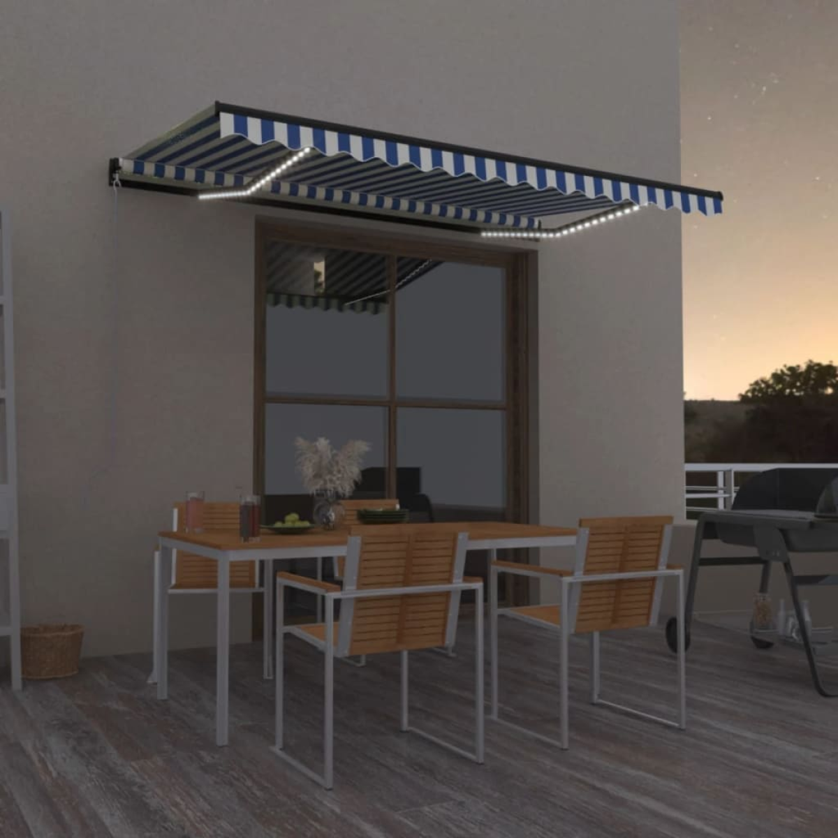 Blue/White Vidaxl Manual Retractable Awning With Led 400X350 Cm And