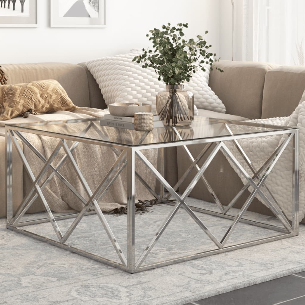 Silver Vidaxl Coffee Table Stainless Steel And Tempered Glass