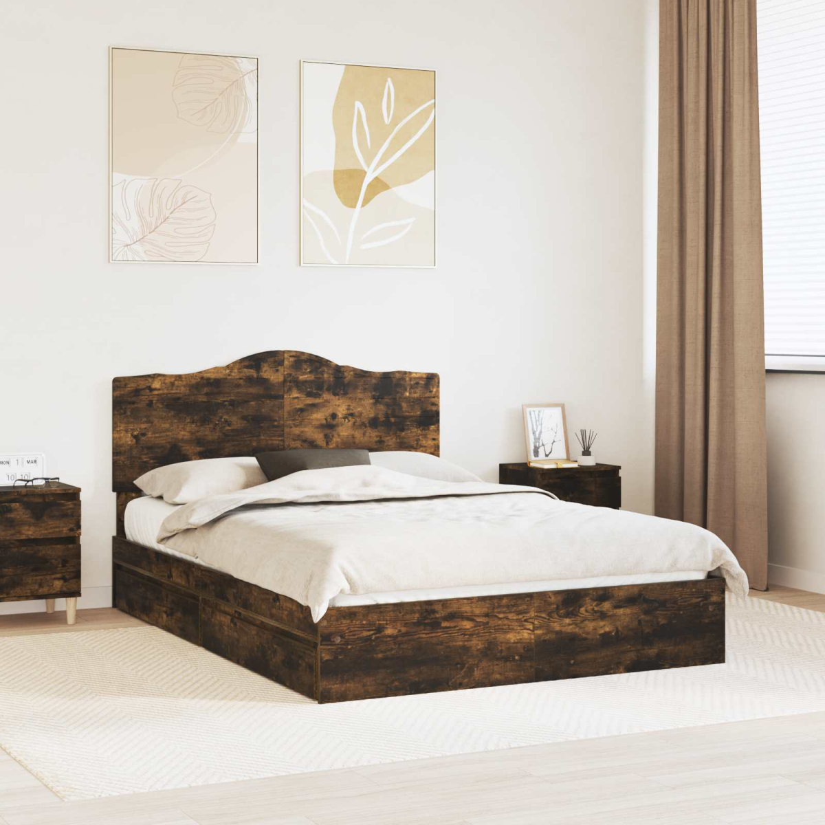 Vidaxl Bed Frame With Drawer Smoked Oak 140 X 200 Cm Engineered Wood