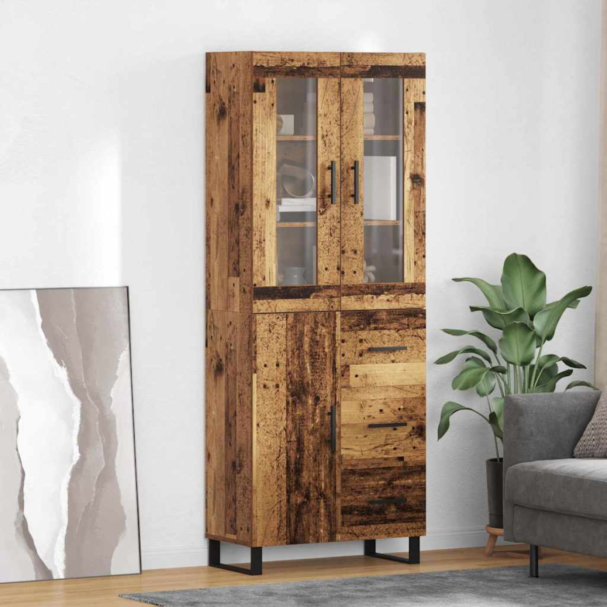 Vidaxl Highboard With Drawer 2 Pcs Old Wood Engineered Wood And Glass