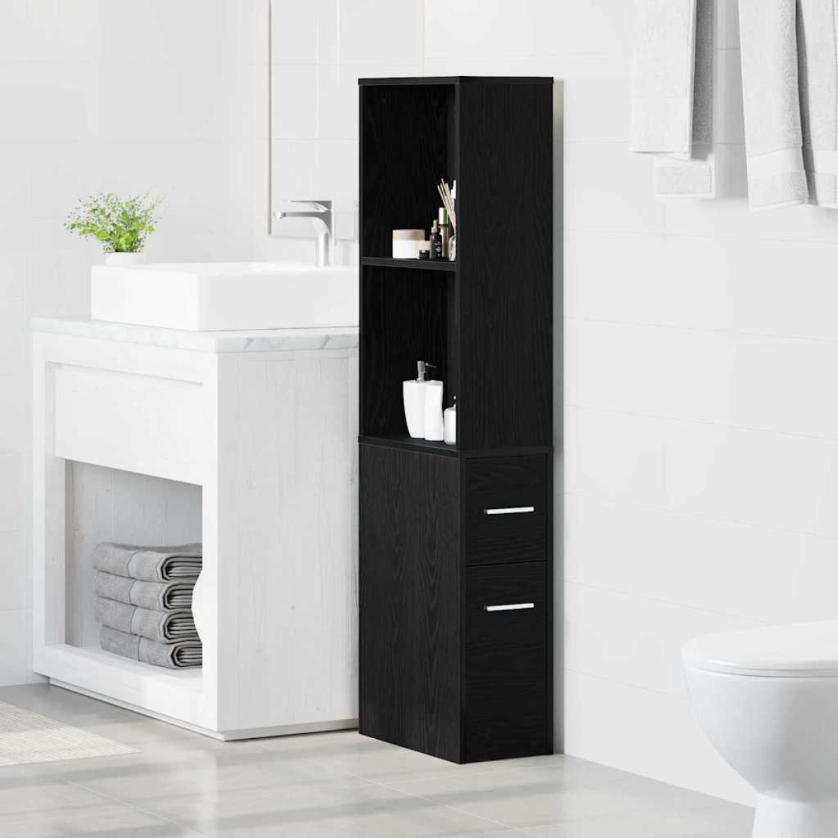 Vidaxl Black Bathroom Furniture Set Wall-Mounted Oak 22 X 41 X 135 Cm