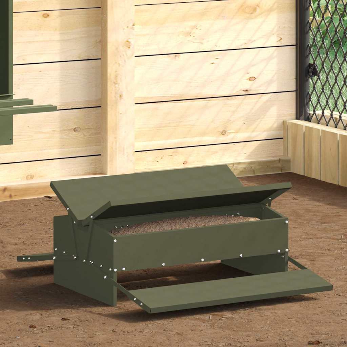 Green Vidaxl Chicken Treadle Feeder Olive 75 X 53 X 20.5 Cm