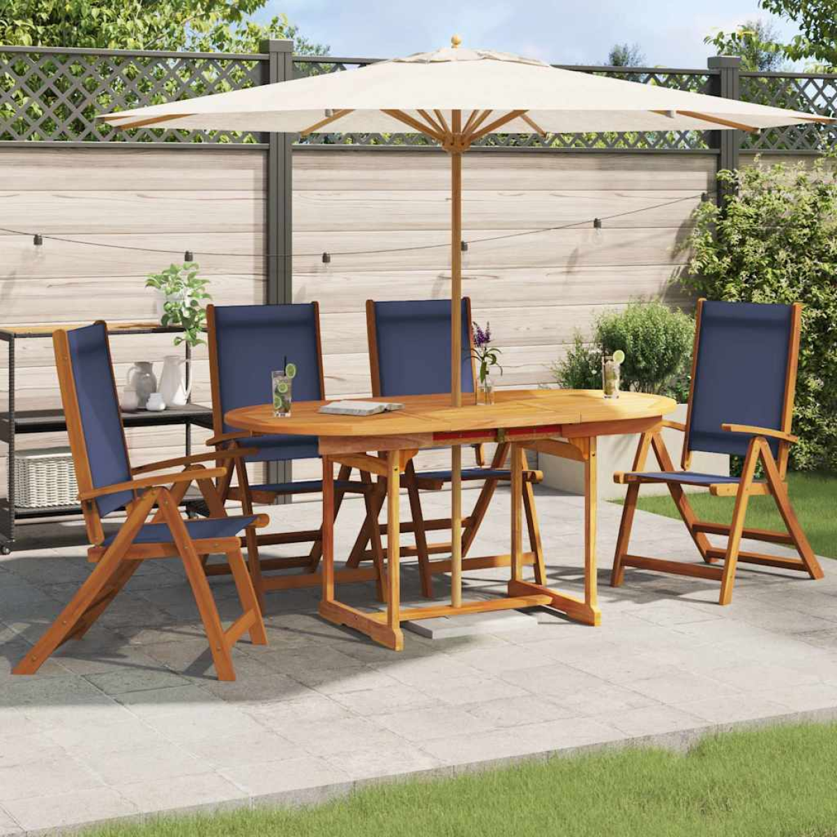 Vidaxl Grain/Blue Folding Garden Chairs 4 Pcs Solid Wood Acacia And Textilene