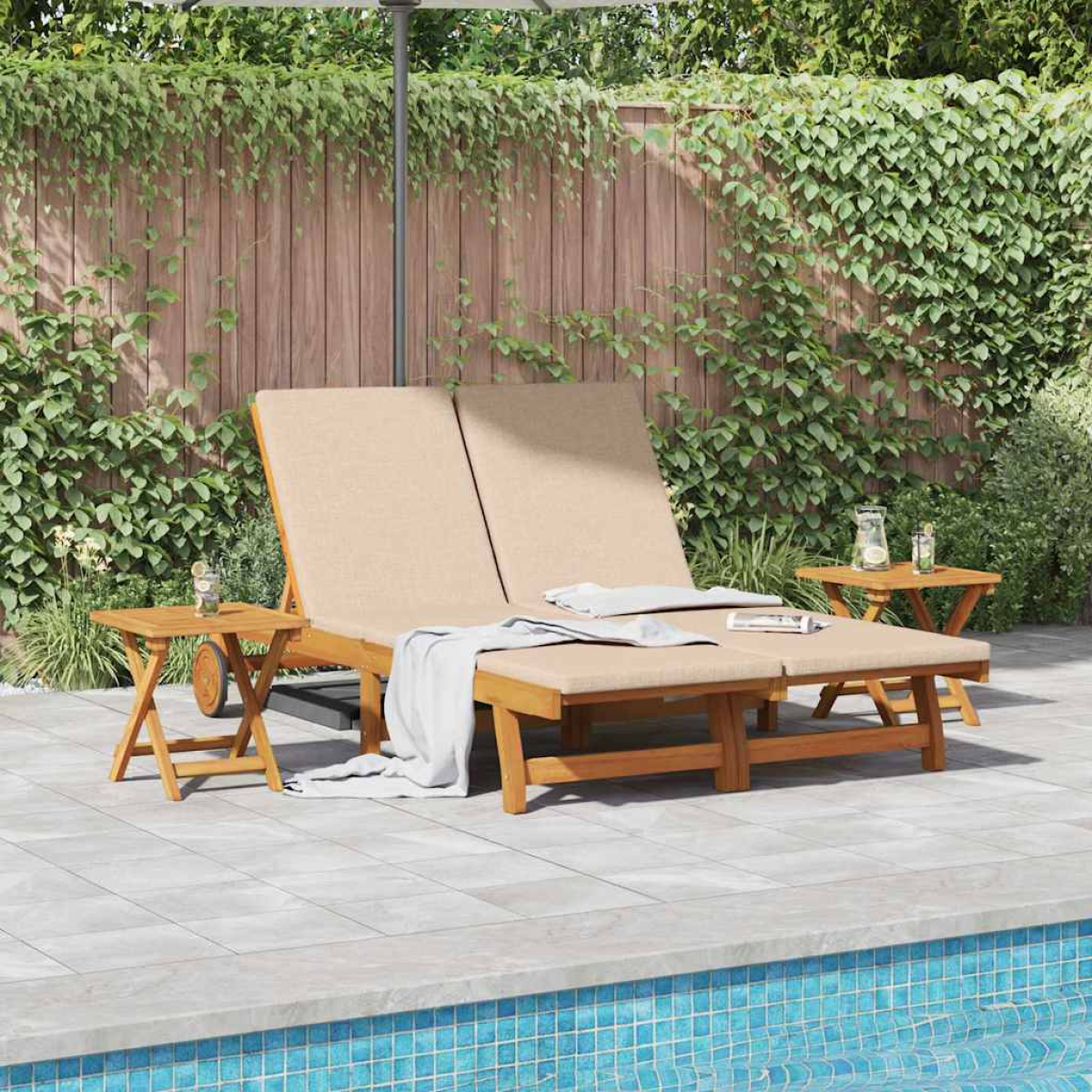 Vidaxl Beige Sun Lounger Reclining With Cushion Solid Acacia Wood