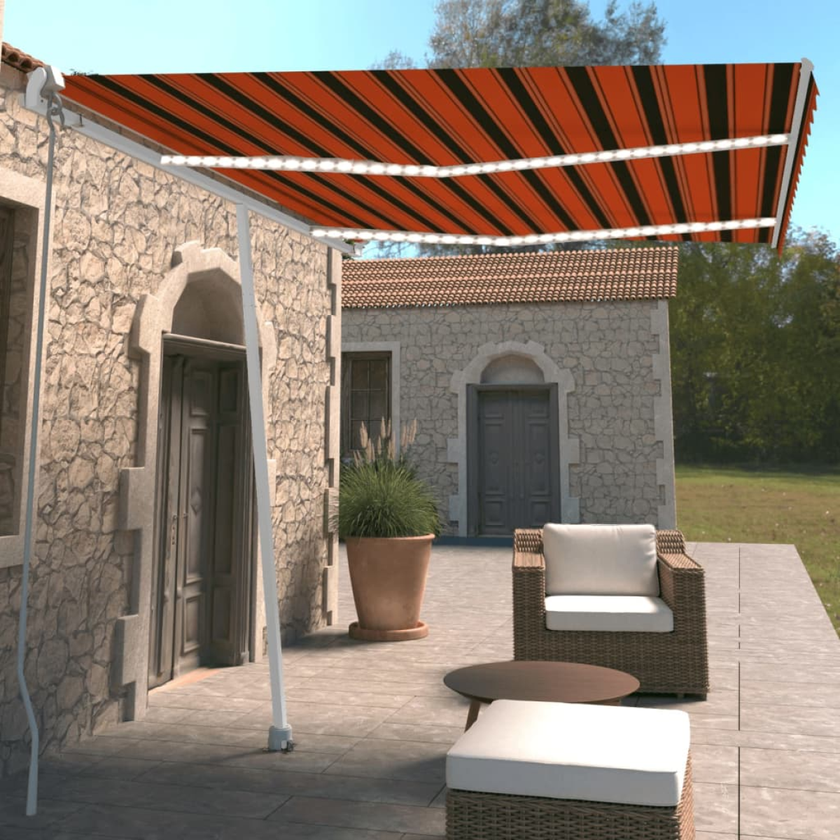 Vidaxl Orange/Brown Manual Retractable Awning With Led 350X250 Cm And