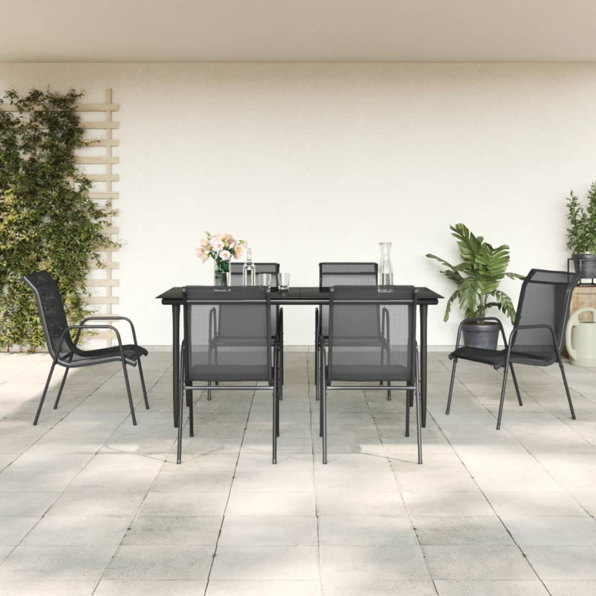 Black Vidaxl 7 Piece Garden Dining Set Steel And Textilene